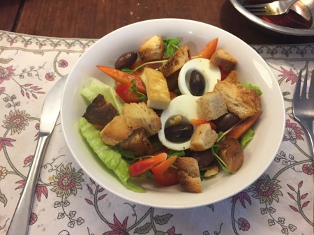 Mr M’s version - minus egg yolk, tuna, potato and tomato, and plus capsicum and croutons