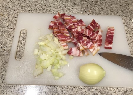 slice bacon/coppa and finely chop onion