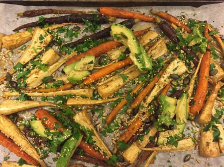 roasted carrots with avocado and seeds