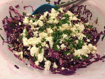 red cabbage, date and feta salad