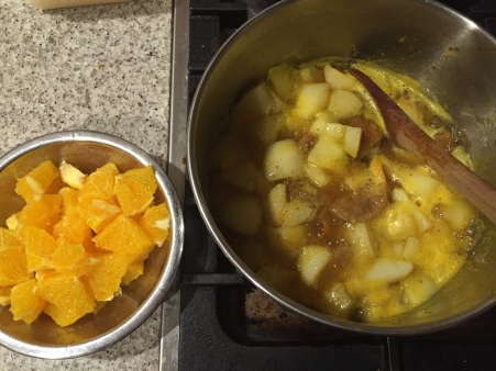 simmer pears till tender and dice oranges
