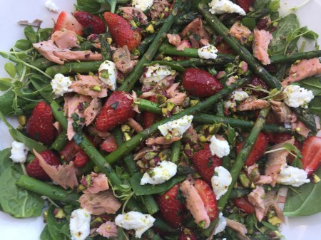 asparagus, strawberry, trout and pistachio salad
