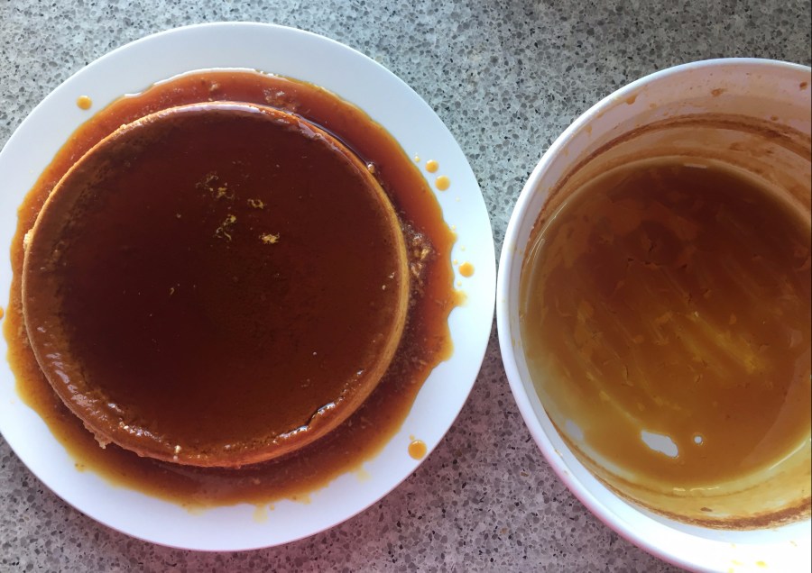 turn out flan - note the caramel still stuck in the dish