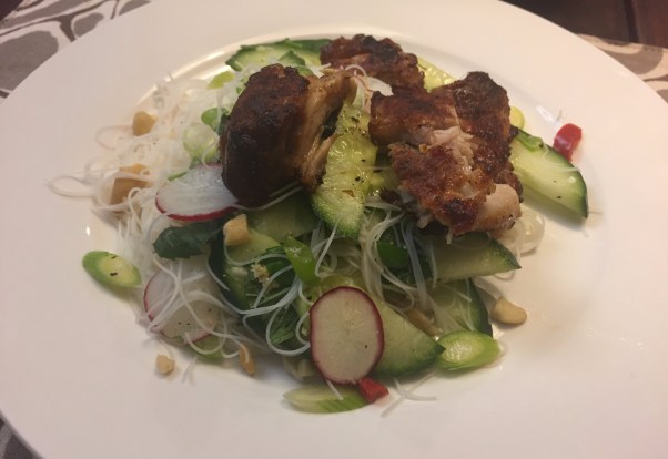 Crispy chicken thighs with herbed noodle salad