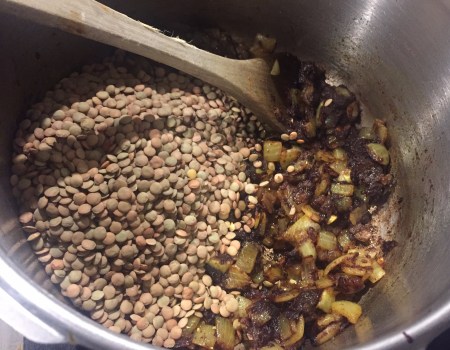 add lentils to browned onions and spices