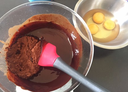 stir cocoa into chocolate and butter