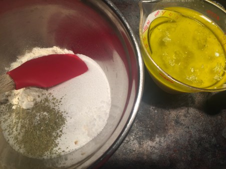 whisk together dry ingredients and wet ingredients separately