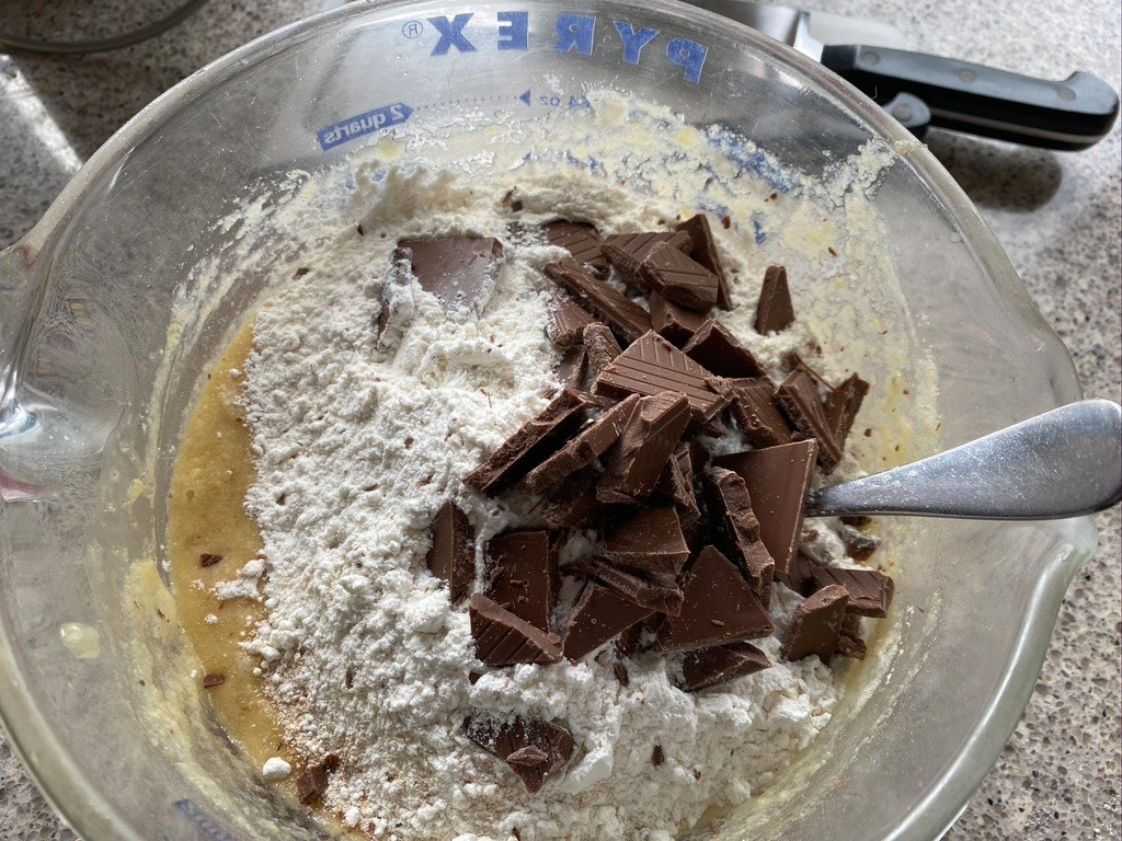fold in flour and chocolate