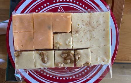 maple-walnut, eggnog, and mango-passionfruit fudges