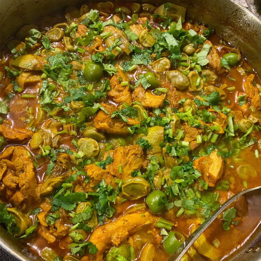 a spring version with artichoke, broad beans and green olives